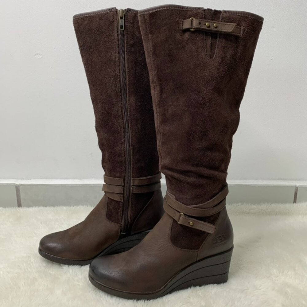 UGG 1005266 Women's Waterproof Lesley Uptown Knee High Wedge Boots Brown Size 6